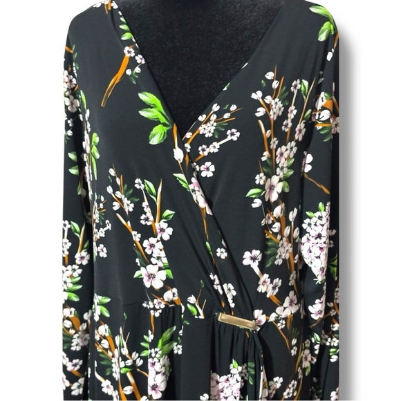 Yock Black Label Floral Black Faux Wrap Front Long Sleeve V-Neck Midi Dress - Picture 16 of 16